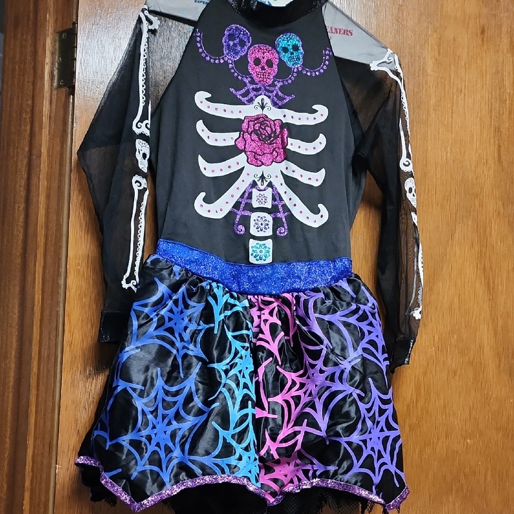 WORN ONCE Party City Skeleton Costume with Blue and Purple Skirt